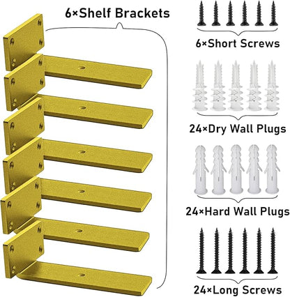 Advanced Heavy-Duty Shelving Bracket - 5-Inch Floating, 0.2-Inch Thick Gold L-Shaped Solid Steel (6 Pieces)