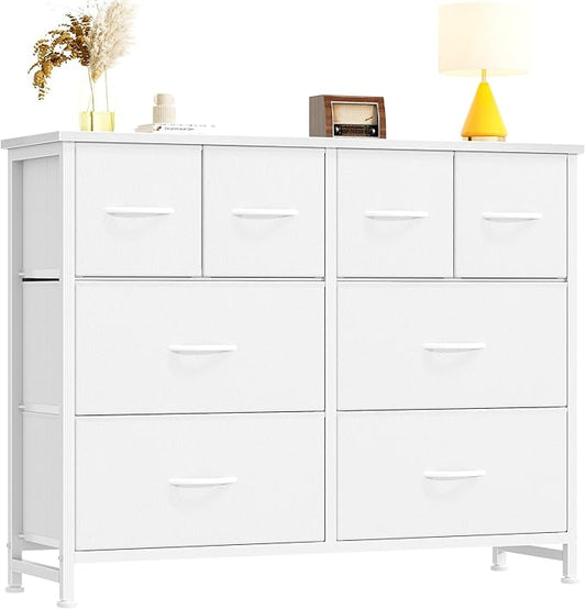 DUMOS TV Stand, Dresser with 8 Fabric Drawers, Spacious Storage Tower for Closet, TV Stand with Wood Top and Mental Frame, Storage Unit for Living Rooms, Bedroom and Entryway, White
