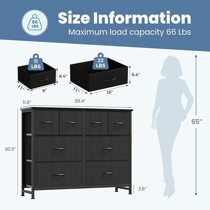 DUMOS TV Stand, Dresser with 8 Fabric Drawers, Spacious Storage Tower for Closet, TV Stand with Wood Top and Mental Frame, Storage Unit for Living Rooms, Bedroom and Entryway, Black