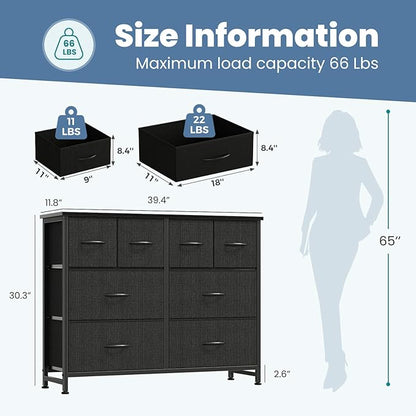 DUMOS TV Stand, Dresser with 8 Fabric Drawers, Spacious Storage Tower for Closet, TV Stand with Wood Top and Mental Frame, Storage Unit for Living Rooms, Bedroom and Entryway, Black