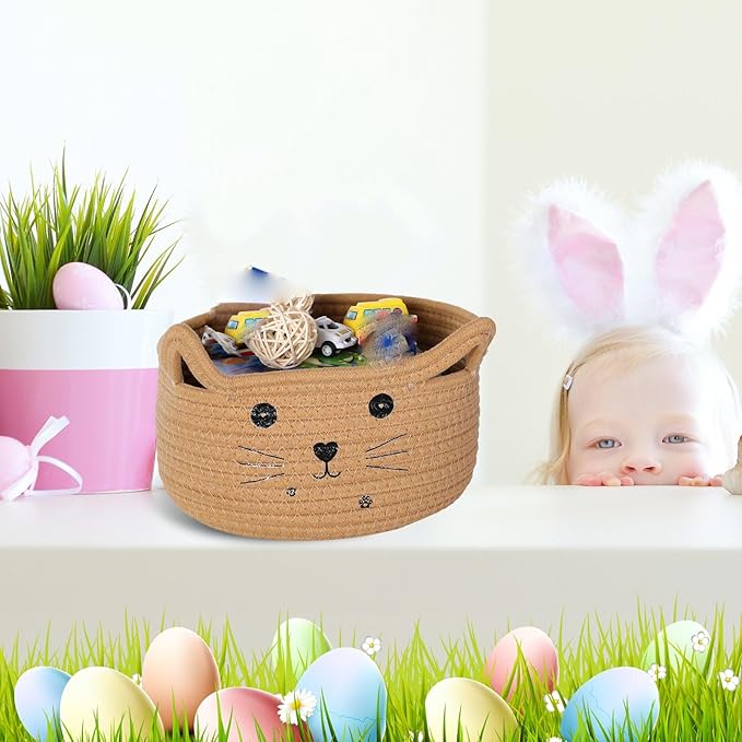 Zopeal Cat Basket Storage Woven Organizer with Ears Easter Decorative Gift Pet Toy Cute Cotton Rope Basket for Gift Cat Dog Toy Bin Nursery Room(8.3 x 4.7 Inch,Khaki)