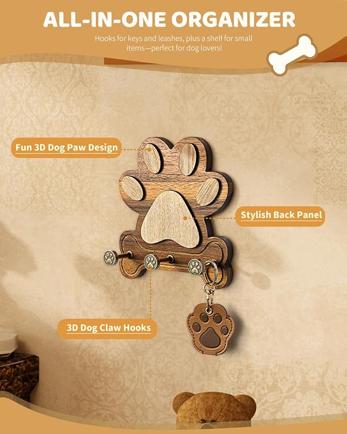 MTERSE Wooden Dog Leash Holder for Wall – Dog Leash Holder, Key Rack, and Coat Hanger – Rustic Farmhouse Wall Decor for Entryway Storage, Room Decor & Home Necessities(Acacia)