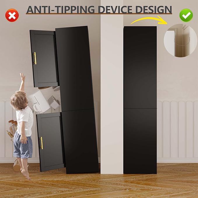 67" Tall Narrow Storage Cabinet Metal Bathroom Cabinet with 2 Doors & 4 Adjustable Shelves, Standing Pantry Cabinets Cupboard for Kitchen, Dining Room, Living Room and Bathroom (Black)