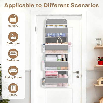 SpaceWhisper Over the Door Organizer, 4 Large Pocket Hanging Storage Organizer with 40lb Capacity, Space Saving for Nursery, Bathroom, Bedroom, Closet - Baby Essentials & Toiletry Organizer (Grey)