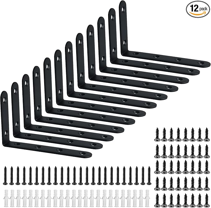 Alise Floating Shelf Bracket,12Pcs Heavy Duty L Bracket Corner Brace,5'' x 3'' Stainless Steel Corner Bracket Joint Angle Brackets for Hanging Support Shelves Support DIY,Black Finish