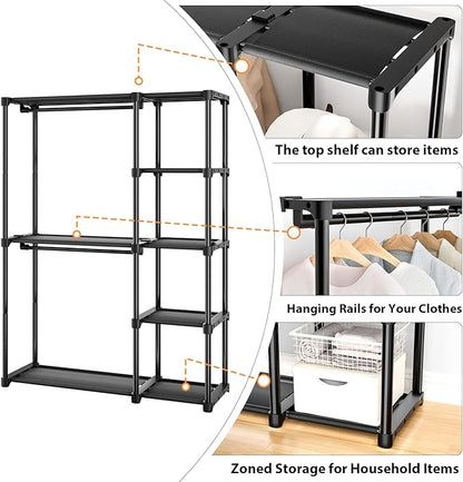 Mavivegue 4-Tier Portable Closet with Shelves & Hanging Rod - Portable Wardrobe Closet for Bedroom, Closet, Dorm - Easy Assembly Clothing Rack with Shelves for Clothes, Shoes, Accessories
