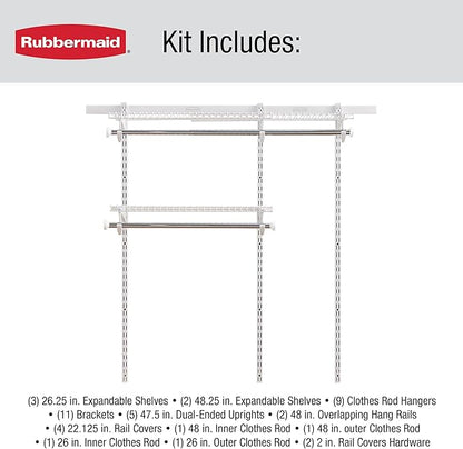 Rubbermaid Configurations Custom Closet Kit 3-6 Ft. Adjustable Metal Wire Shelving White Finish Expandable Organization System Hardware Included for Home Closet/Pantry/Laundry/Mudroom