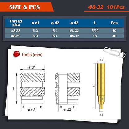 101Pcs #8-32 Threaded Inserts, Female Thread SAE Knurled Nuts Assortment Kit, Brass Heat Set Insert for Plastic and 3D Printing Components(#8-32, L1/4×D6.3 and L5/16×D6.3)