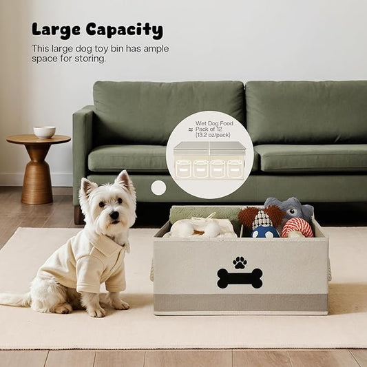 Dog Toy Basket with Double-Open Lid, Divided Dogs Basket for Toys, Collapsible Pet Toys Box, Dog Storage Organizer with 2 Divided Area, Puppy Toy Baskets with Rope Handles, Beige & Gray