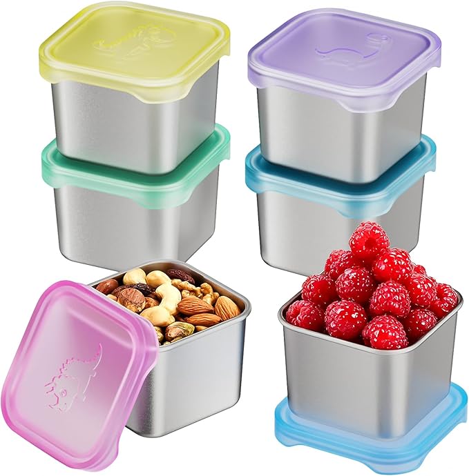 6-Pack Small (6 oz) Stainless Steel Snack Containers for Kids, Easy-Open Toddler Snack Containers with Lids - Cute Dinosaur Small Stackable Metal Lunch Box for Daycare, School, Travel