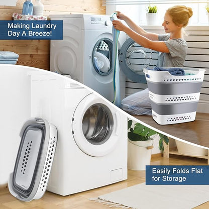 Collapsible Laundry Basket Foldable Pop-Up Laundry Hamper with Comfort Handles Portable Plastic Laundry Storage Basket Organizer Space Saving Dirty Clothes Hamper Container for Home, Dorm (Grey)