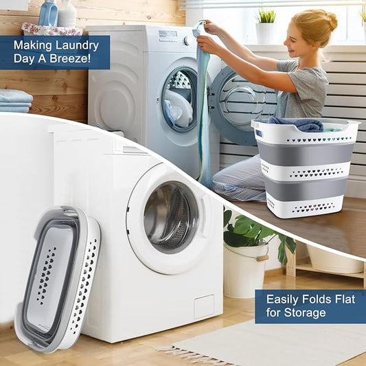 Collapsible Laundry Basket Foldable Pop-Up Laundry Hamper with Comfort Handles Portable Plastic Laundry Storage Basket Organizer Space Saving Dirty Clothes Hamper Container for Home, Dorm (Grey)
