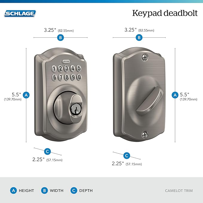 Schlage BE365 V CAM 619 Camelot Keypad Deadbolt, Electronic Keyless Entry Lock, Satin Nickel
