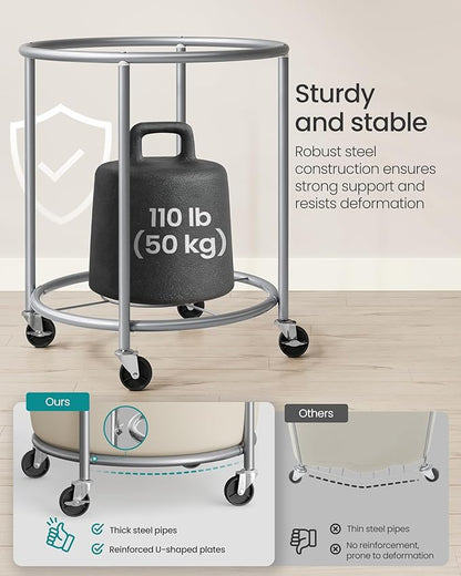SONGMICS 50.2-Gallon (190 L) Laundry Basket with Wheels, Rolling Round Heavy-Duty Laundry Hamper Cart with Steel Frame and Removable Bag, 2 Locking Wheels, Dove Gray and Cream White URLS001GD02