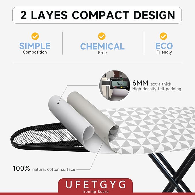 Ironing Board with Silicone Iron Rest pad,Extra Thick Cover,14x54 Compact and Space Saver Iron Board, Height Adjustable,Stable Structure, Easy to Fold, Gray and White