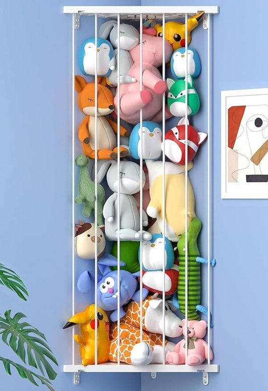Stuffed Animal Storage Toy Organizer(Patented) - Corner Stuffed Animal Holder Length Adjustable - Stuffed Animal Wall Storage for Nursery Playroom Bedroom Kids Room Decor(White)