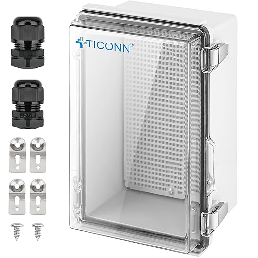 TICONN Outdoor Electrical Box Waterproof, Junction Box IP67 ABS Plastic Enclosure with Hinged Cover with Mounting Plate, Wall Brackets, Cable Glands (Clear, 10.2"x6.3"x3.9")