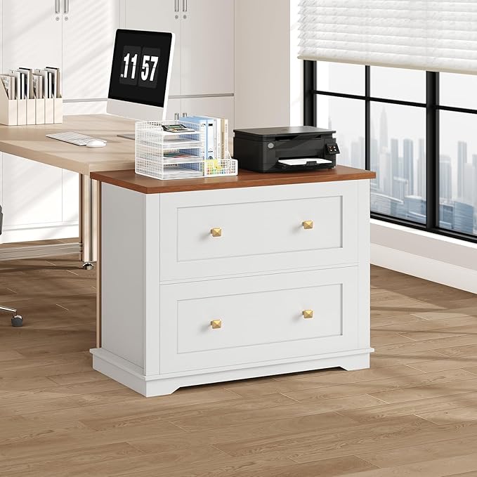 2 Drawers Lateral File Cabinet, Farmhouse Wooden Filing Cabinet, Printer Stand for Home Office, Office Storage Cabinet for A4/Letter-Size Hanging Files,White and Walnut FCBA8001