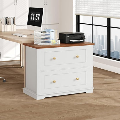 2 Drawers Lateral File Cabinet, Farmhouse Wooden Filing Cabinet, Printer Stand for Home Office, Office Storage Cabinet for A4/Letter-Size Hanging Files,White and Walnut FCBA8001