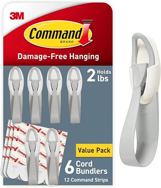 Command Cord Bundlers, Damage-Free Hanging Cord Organizer, No Tools Cord Bundler for Hanging Electrical Cables, 6 Gray Cord Bundlers and 12 Strips