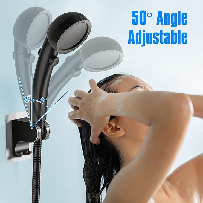 JONKEAN Shower Head Holder Without Drilling, 3m Handheld Shower Head Holder Adhesive, 50°Adjustable Shower Wand Holder Wall Mount, Shower Head Bracket with Hook (Black, 1 Pack)