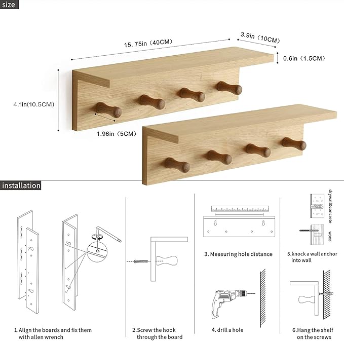 Entrance Coat Rack ，Coat Hooks, Wall-Mounted Wooden Hook Rack, Wall-Mounted Shelves are Very Suitable (Oak Color Finish—A-2)