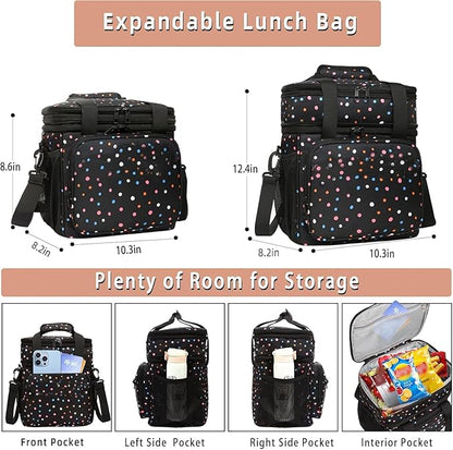 Expandable Insulated Lunch Box, Double Deck Lightweight Large Lunch Bag Tote Leakproof Cooler Bags for Women Adults Work Outdoor Picnic Daytrip, Polka Dots, 16L