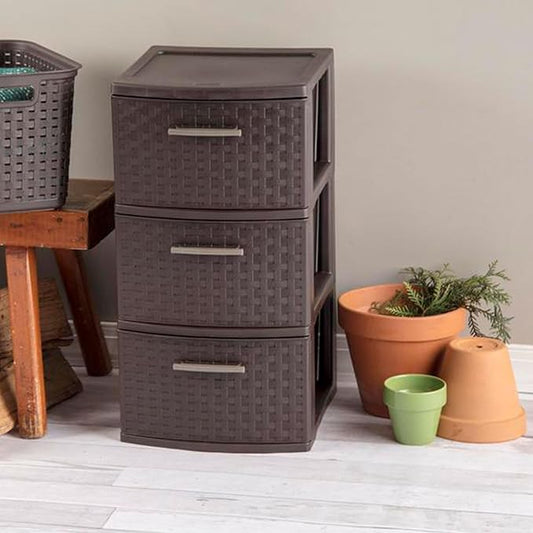 Sterilite 3 Drawer Plastic Wicker Weave Decorative Storage Organization Container Cabinet Tower with Driftwood Handles, Espresso (2 Pack)