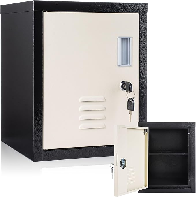 Suzile Lockable Storage Cabinet Metal Lockable Steel Storage Cabinet Organizer Lockers for Employees Vertical Metal Cabinets End Side Table Steel Bedside with Shelf(Black Beige)
