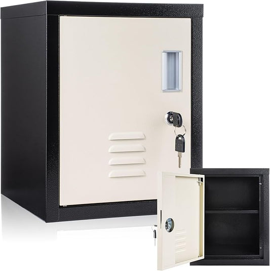 Suzile Lockable Storage Cabinet Metal Lockable Steel Storage Cabinet Organizer Lockers for Employees Vertical Metal Cabinets End Side Table Steel Bedside with Shelf(Black Beige)