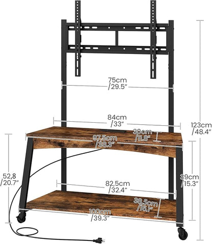 Mobile TV Stand with Charging Station and Adjustable Mount, 2-Tier Rolling TV Console Table for TVs up to 70 inch, for Living Room, Bedroom, Rustic Brown and Black TDS10UBF