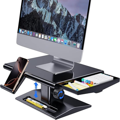 Computer Monitor Stand Riser for Desk,5.7-6.5 Inches Height Adjustable with Storage Drawer & Phone Holder,Workspace Desktop Organizer Monitor Stands Risers Shelf for Computer,Laptop,Printer,TV