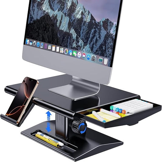 Computer Monitor Stand Riser for Desk,5.7-6.5 Inches Height Adjustable with Storage Drawer & Phone Holder,Workspace Desktop Organizer Monitor Stands Risers Shelf for Computer,Laptop,Printer,TV