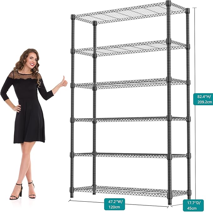 2100LBS 47.2" W 6 Tiers Shelf Storage Shelves Metal Shelving Unit Heavy Duty Garage Shelving Adjustable Wire Shelves for Pantry,Kitchen,Garage,Basement,Black 17.7" D x 47.2" W x 82.4" H