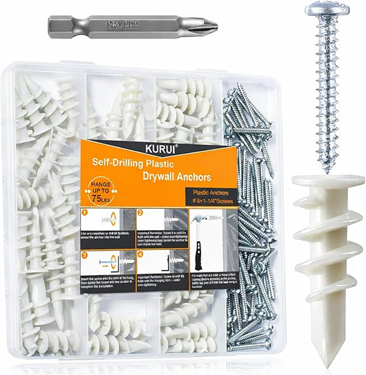 KURUI 140Pcs #8 Self Drilling Drywall Anchors with Screws Kit, Heavy Duty Dry Wall Anchors for Hanging Sheetrock, 50 Self-Tapping Plastic Drywall Hangers 50 Sheet Rock Screws, Mounting Hardware -75LB