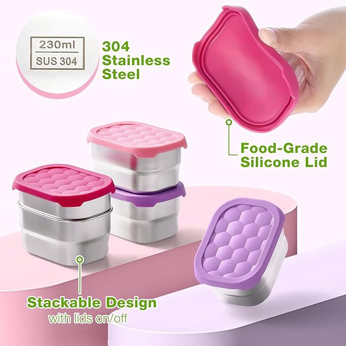 3 Pack Stainless Steel Snack Containers for Kids, 8 oz Easy Open Leak Proof Small Toddler Snack Containers with Silicone Lids, Stackable Metal Lunch Box for Daycare and School (Pink)