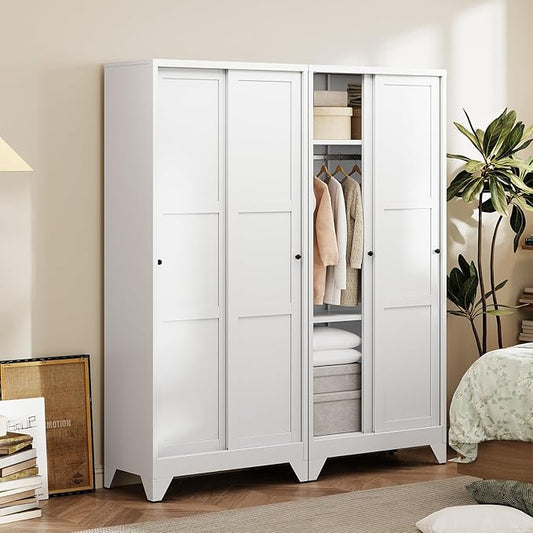 Letaya Metal Sliding Door Wardrobe Cabinets,68" Tall Armoire Wardrobe Closet with Sliding Doors and Shelves,Narrow Slim Coat Closet Cabinet with Hanging Rod,Space Saving for Home (White)
