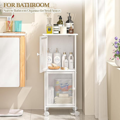 Small Bathroom Storage Cabinet with Movable Wheels, Wooden Bathroom Standing Shelf with 2 Metal Doors, Slim Bathroom Storage Cart for Small Spaces, Laundry, Kitchen, Narrow stand Storage Unit, White