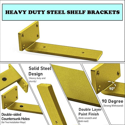 Advanced Heavy-Duty Shelving Bracket - 5-Inch Floating, 0.2-Inch Thick Gold L-Shaped Solid Steel (6 Pieces)