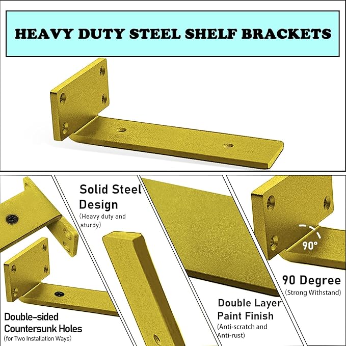 Premium Heavy Duty Shelf Brackets – 0.2In Thick Gold L Shape Shelf Bracket, Hidden Steel Brackets for Shelves - 8 Inch Heavy Duty Floating Shelf Hardware (6Pcs)