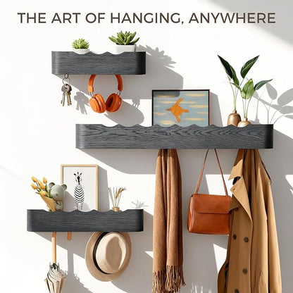 Wall Coat Rack Floating Shelves Modern Coat Rack Wall Mount with Storage Entryway Shelf Wooden Hanger 20 Inch 4 Hidden Metal Hooks for Living Room Bedroom (Wavy Black, 5 Hooks)