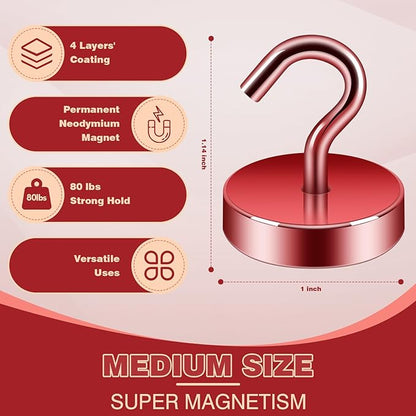 Neosmuk Magnetic Hooks, Cruise Ship Essentials, 80lb+ Heavy Duty Magnetic Hooks for Cruise Cabins, Refrigerator, Grill, Hanging, and Travel | Extra Strong Must-Haves Magnet Hook,Red, 5 Pack