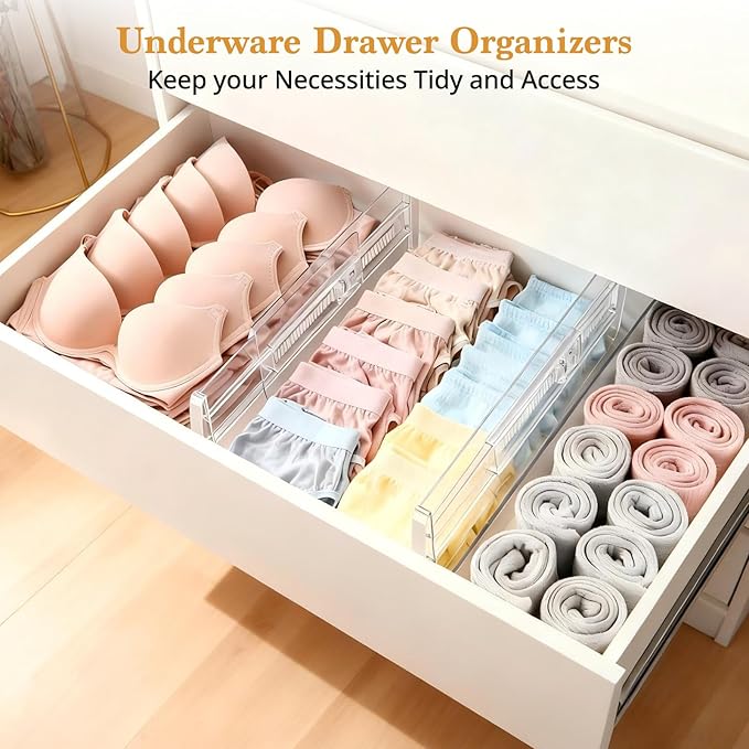 8 Pack 4" High Drawer Dividers for Clothes, 10.6"-16.9" Expandable Drawer Divider Adjustable Drawer Separator, Clear Dresser Drawer Organizer for Clothes, Underwear, Cosmetic, Kitchen Utensils Storage