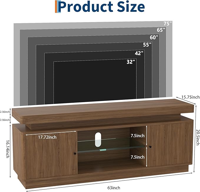 TV Stand Entertainment Center with Storage Cabinets, LED Lights Open Shelves & Power Outlets Media TV Console Table for UP to 75" Television Stands