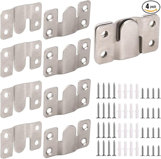 4 Pairs Interlocking Flush Mount Bracket Picture Hanging Hooks Stainless Steel Heavy Duty Photo Frame Hook Large Picture Hanger Hanging Buckle Furniture Connector Headboard Wall Mounting Hardware