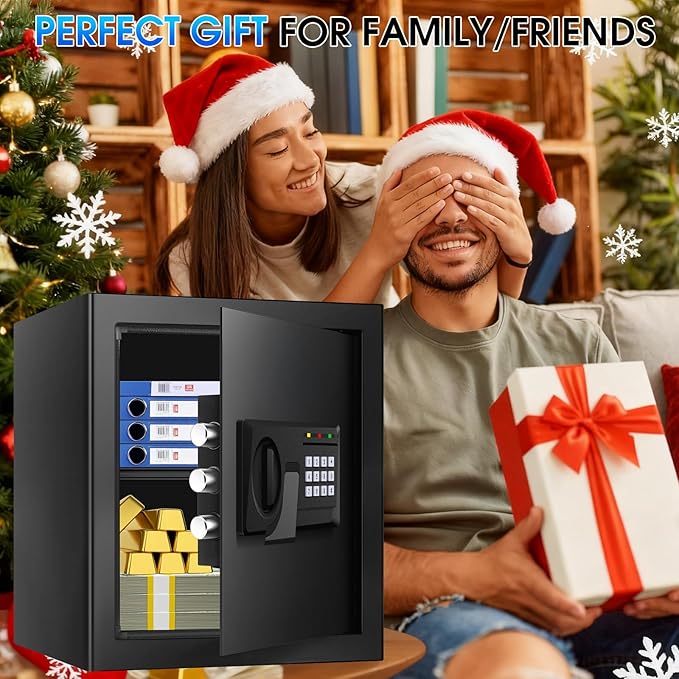 2.3 Cuft Fire Proof Safe for Home Documents Use, Small Home Safes Water and Fireproof with Digital Keypad and Spare Key, Removable Shelf, Steel Personal Fireproof Safety Box for Documents Cash, Money
