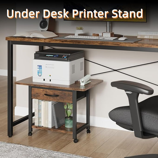 YAOHUOO Large Printer Stand with Storage Drawer, 2-Tier Under Desk Table for Home Office, Fits Fax Machine/3D Printer/Scanner (Brown)