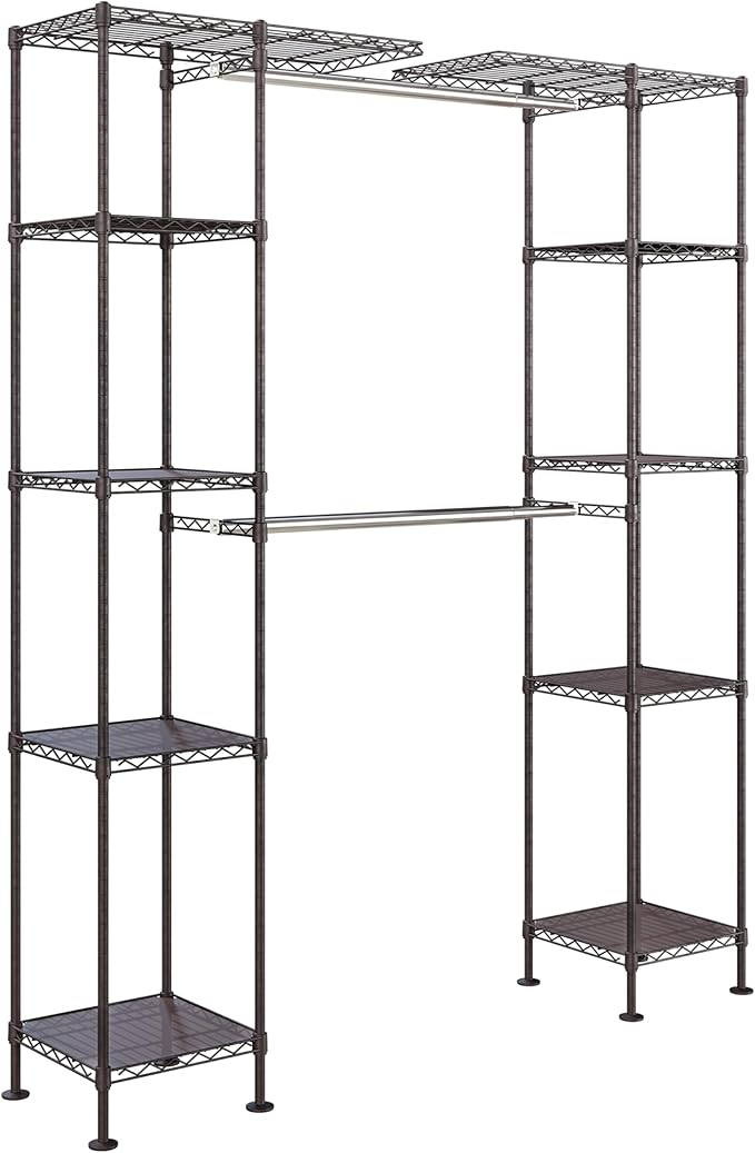 Seville Classics Closet Garment Organizer with Metal Hanging Rod Wardrobe Storage System, w/ Steel Shelves for Clothes, Shirts, Jackets, Coats, Blankets, Shoes, Satin Bronze, Expandable Rack