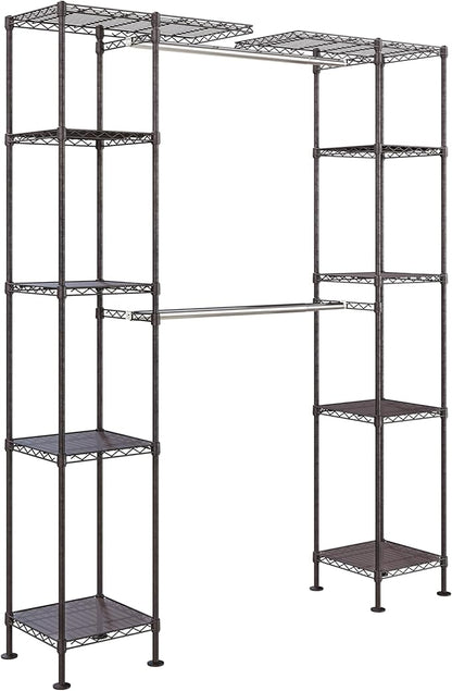 Seville Classics Closet Garment Organizer with Metal Hanging Rod Wardrobe Storage System, w/ Steel Shelves for Clothes, Shirts, Jackets, Coats, Blankets, Shoes, Satin Bronze, Expandable Rack