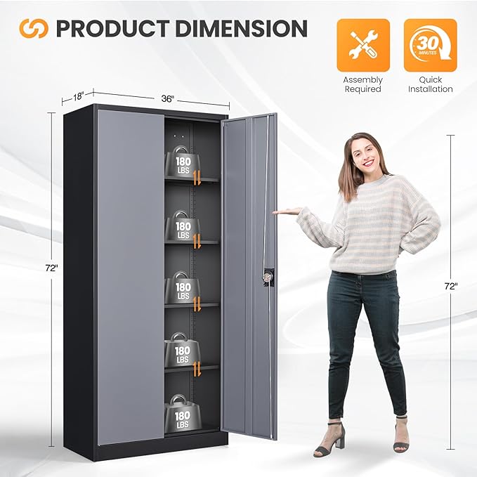 Metal Garage Storage Cabinets with Lock, 72" Tall Tool Cabinet with 2 Door and 4 Adjustable Shelves, Locking Garage Cabinets and Lockable Steel Locker for Home Office Warehouse-(Black Gray-72”H)